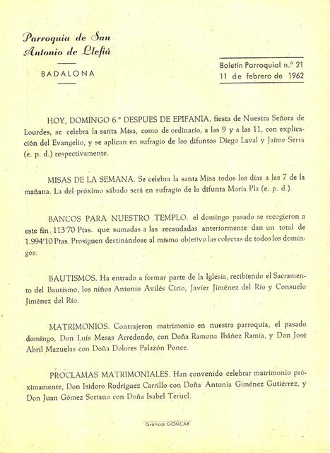 1962 Boletin parroquial nÃºm 21