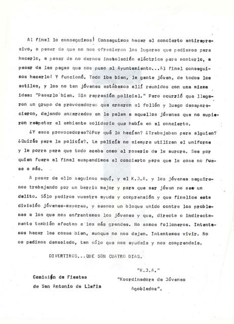 1987 Comunicat KJA incidents festes