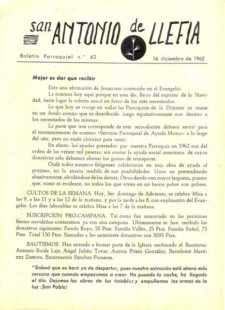 1962 Boletin parroquial nÃºm 62