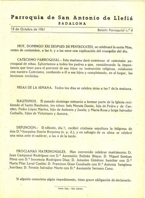 1961 Boletin parroquial nÃºm 05