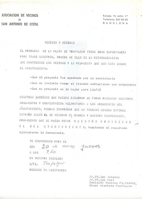 1986 Març. Convocatòria assemblea. Batalla de la plaça Trafalgar