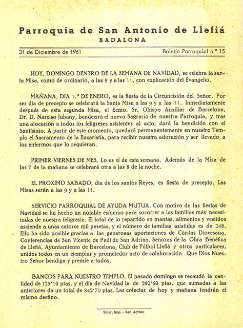 1961 Boletin parroquial nÃºm 15