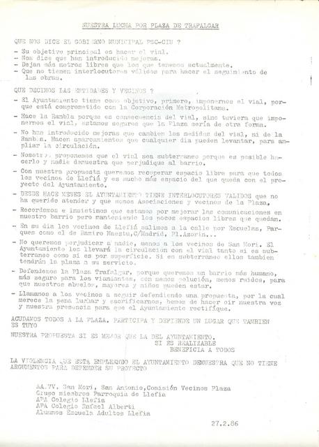 1986 Febrer. Full informatiu. Batalla de la plaça Trafalgar