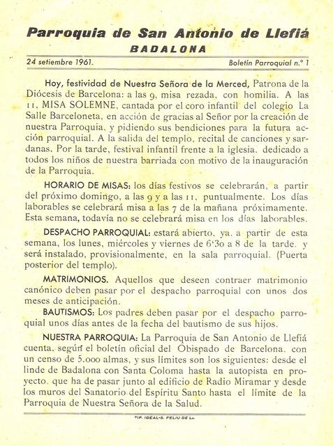 1961 Boletin parroquial nÃºm 01