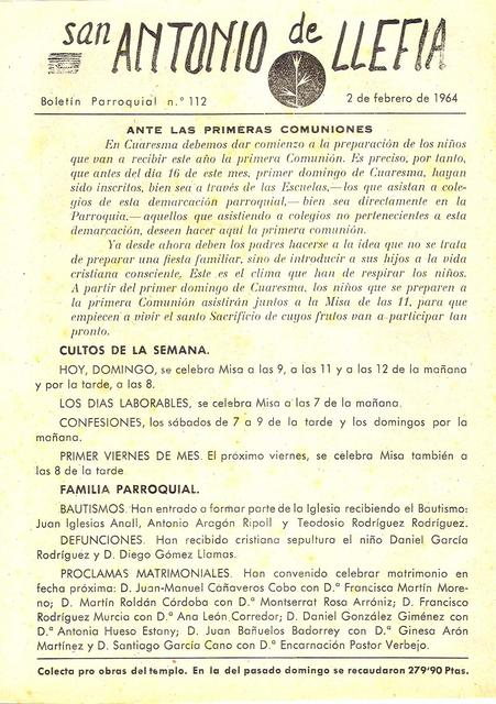 1964 Boletin parroquial nÃºm 112