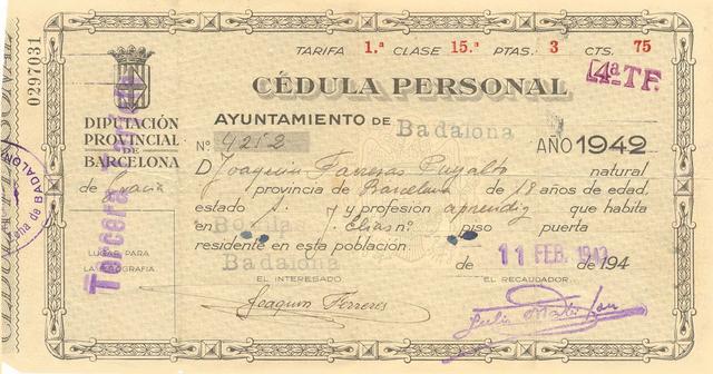 1942 Cèdula personal del Sr. Ferreres