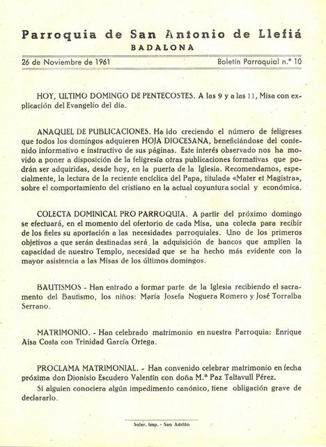 1961 Boletin parroquial nÃºm 10