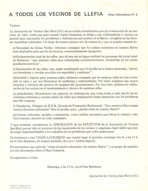 1976 Full informatiu núm. 2 AV Sant Mori de Llefià