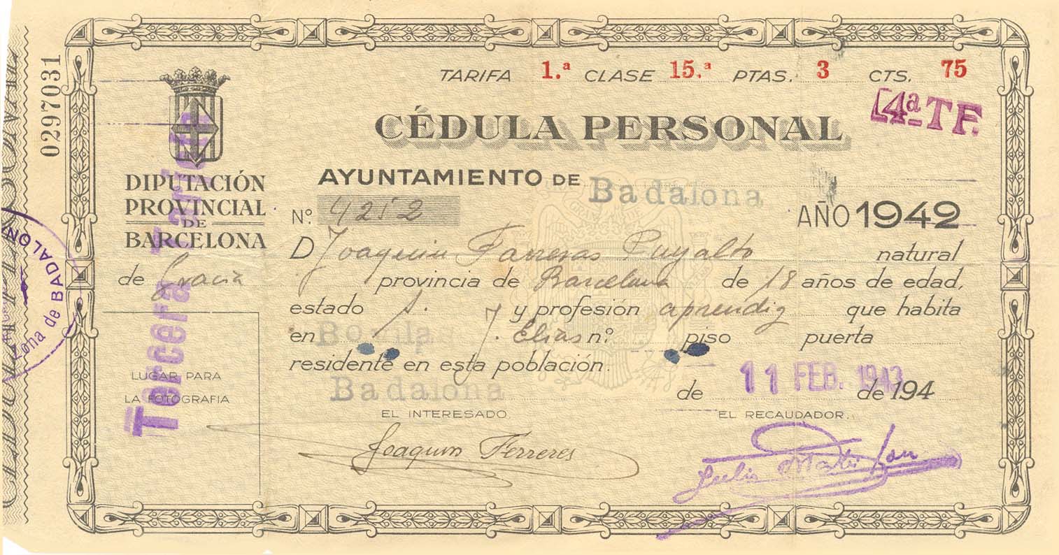 1942 Cèdula personal del Sr. Ferreres