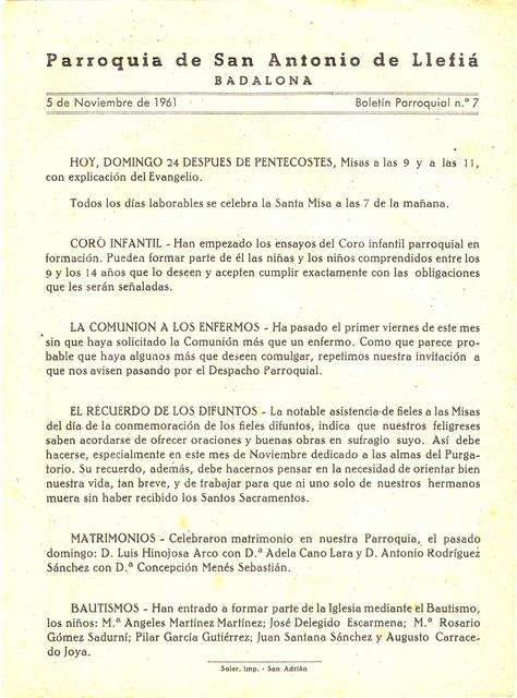 1961 Boletin parroquial nÃºm 07