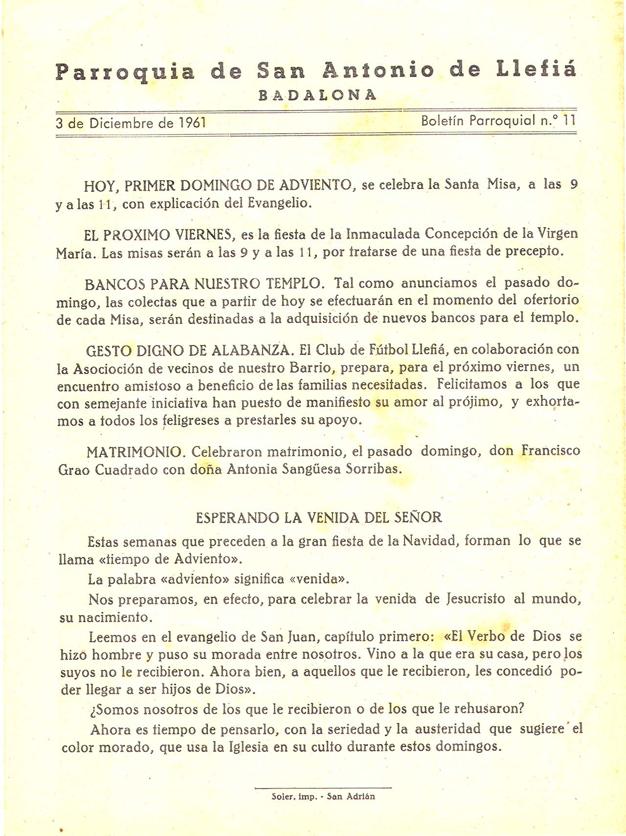 1961 Boletin parroquial nÃºm 11