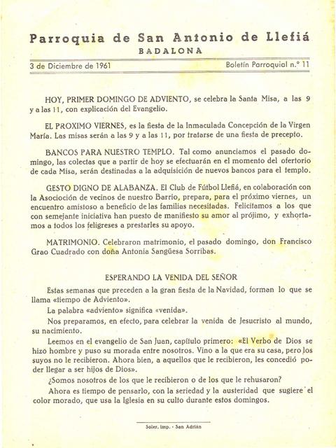 1961 Boletin parroquial nÃºm 11