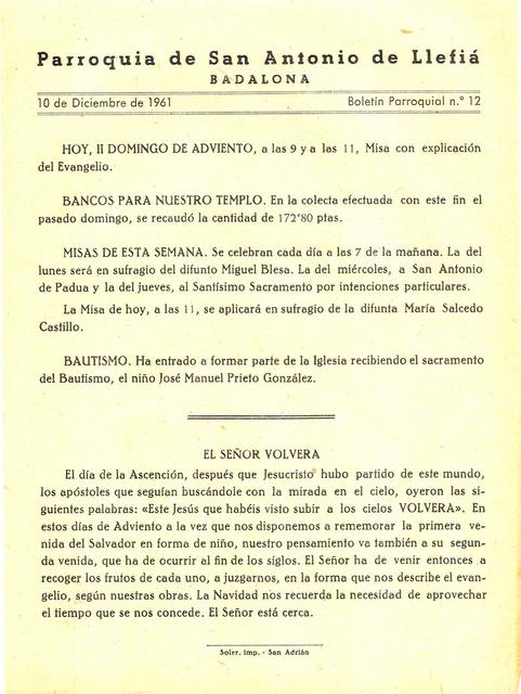 1961 Boletin parroquial nÃºm 12