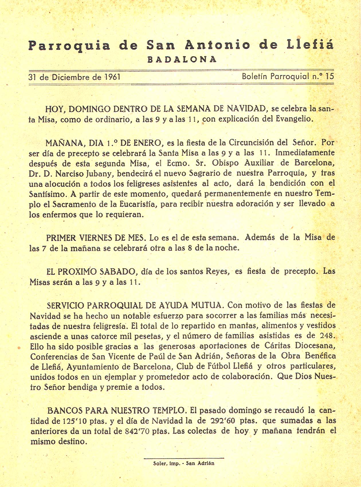 1961 Boletin parroquial nÃºm 15