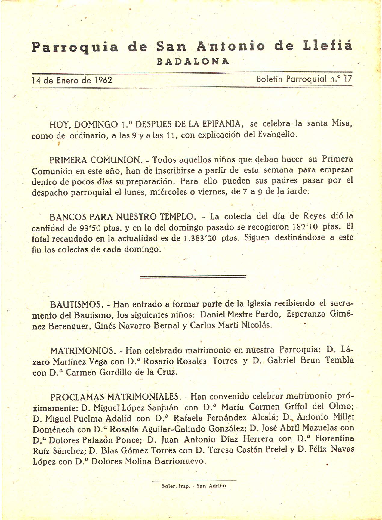 1962 Boletin parroquial nÃºm 17