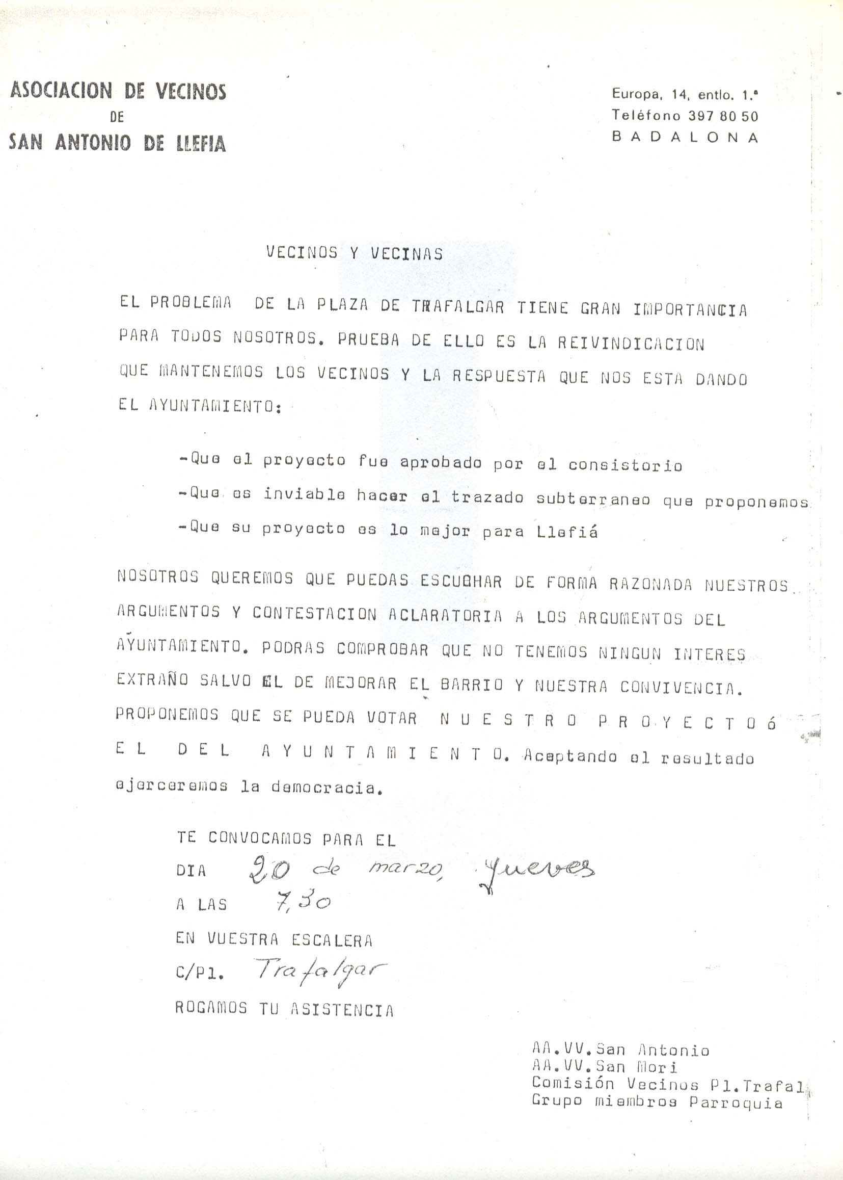 1986 Març. Convocatòria assemblea. Batalla de la plaça Trafalgar