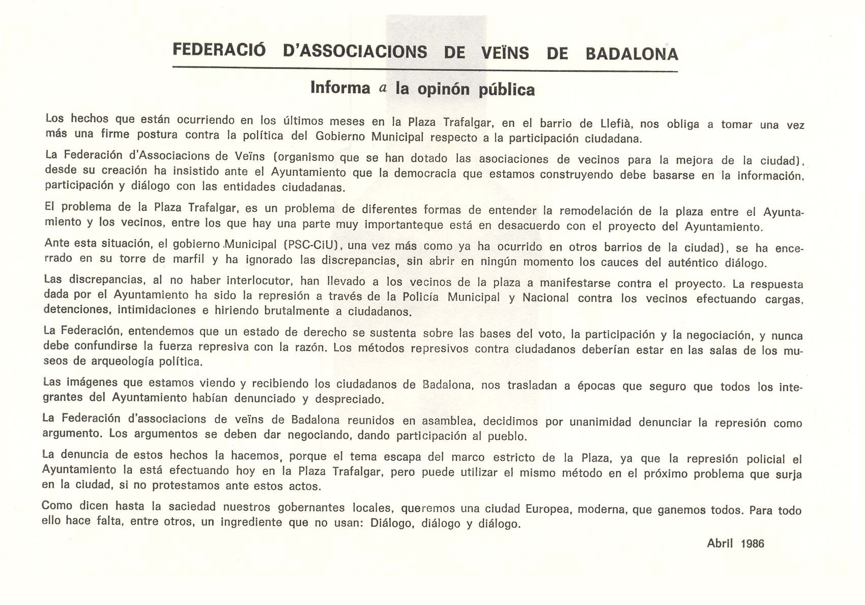 1986 Abril. Comunicat FAVB. Batalla de la plaça Trafalgar